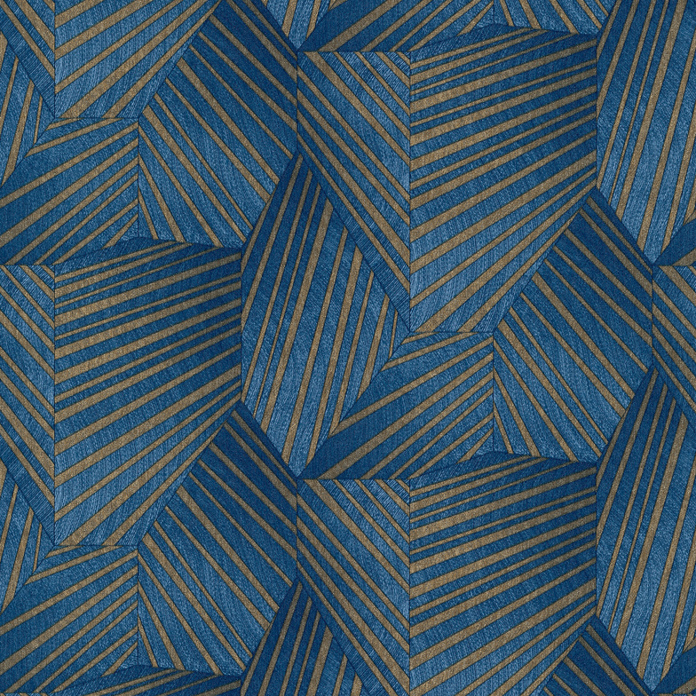 Vliestapete ELLE Decoration - Streifen-Vielecke Preußischblau/Bronze