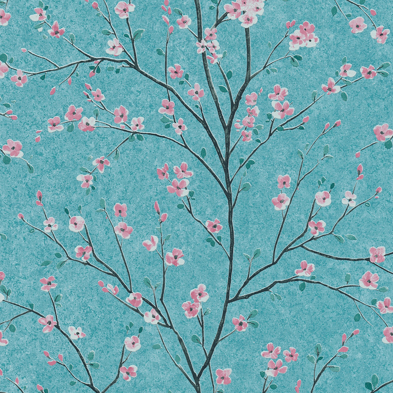 Vliestapete Metropolitan Stories II - Japanische Kirschblüte Türkis/Rosa