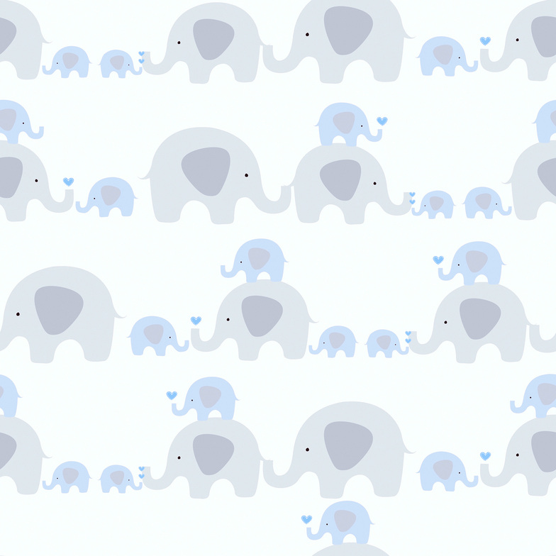 Vliestapete Kinderträume - Elefantenfamilie Zartblau/Pastellgrau/Weiß
