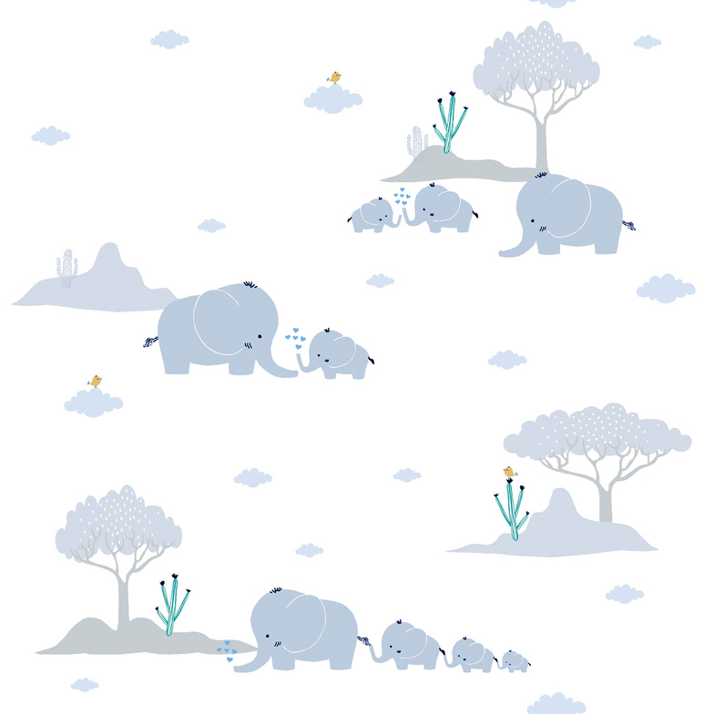 Vliestapete Kinderträume - Elefantenfreunde Blaugrau/Weiß