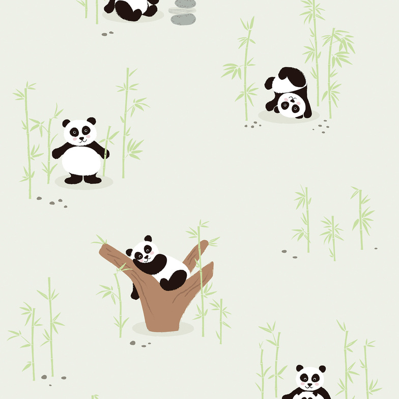 Vliestapete Kinderträume - Pandaalarm Maigrün/Schwarz/Weiß