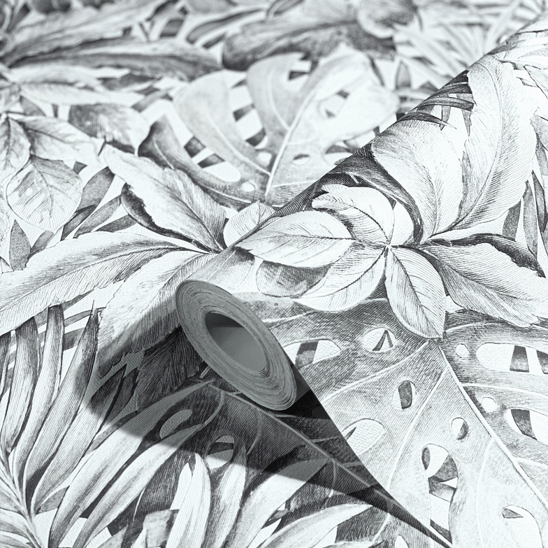 Vliestapete Plants - Tropisches Blattwerk Silbergrau/Weiß