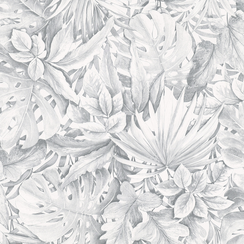Vliestapete Plants - Tropisches Blattwerk Silbergrau/Weiß