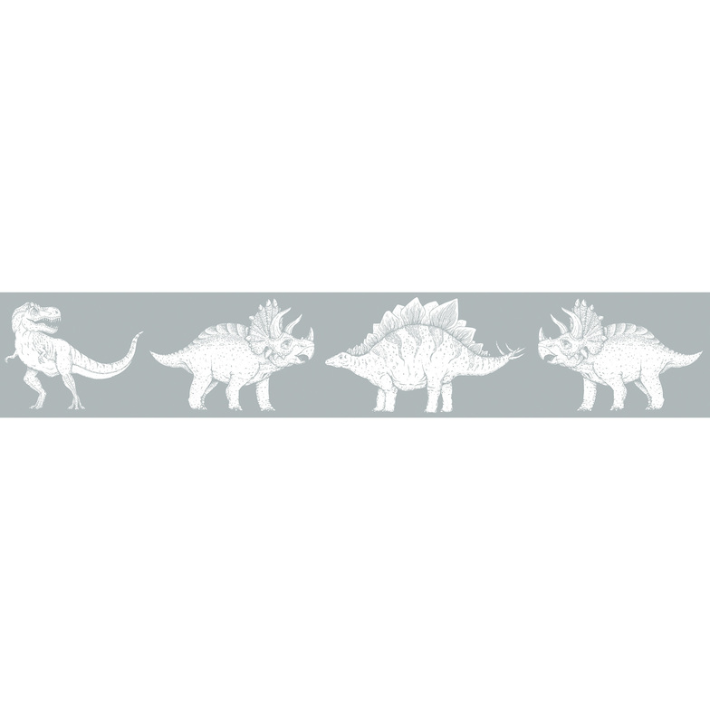 Vliesbordüre Kids World Digitaldruck - Dinomania Graugrün/Weiß