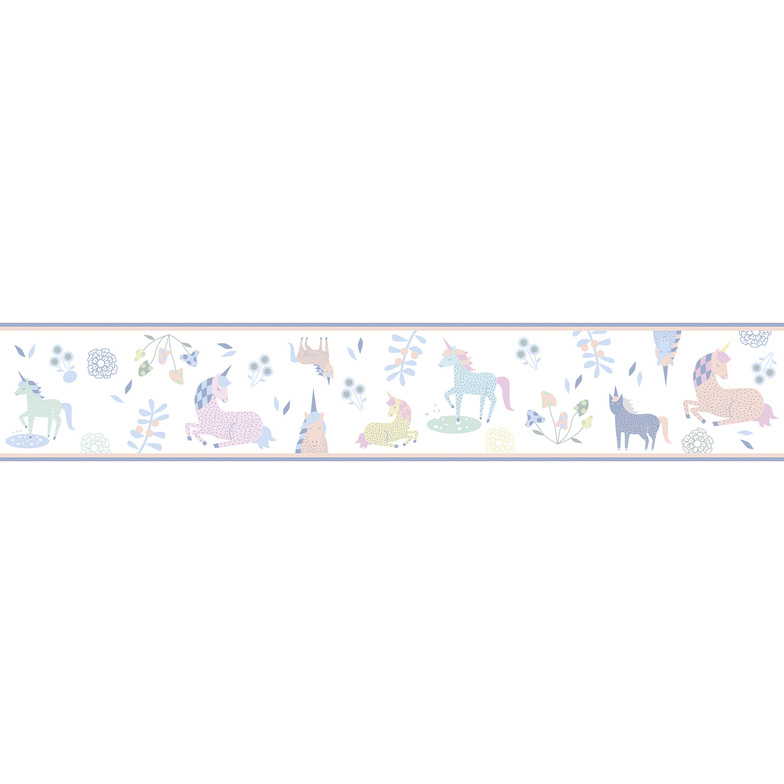 Vliesbordüre Kids World Digitaldruck - Einhornalarm Weiß/Pastell Multicolor