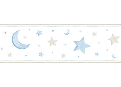 Papierbordüre Kinderträume - Mond und Sterne Weiß/Himmelblau/Greige