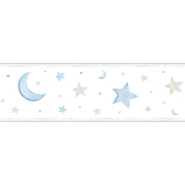 Papierbordüre Kinderträume - Mond und Sterne Weiß/Himmelblau/Greige