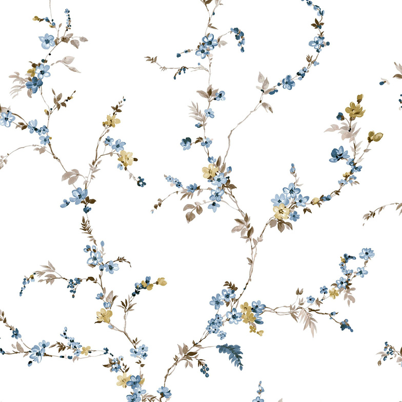 Vliestapete Blooming Garden - Blütenranken Weiß/Denim/Braun
