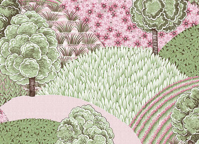 Vliestapete Blooming Garden - Collage Wald und Wiese Maigrün/Beere/Weiß