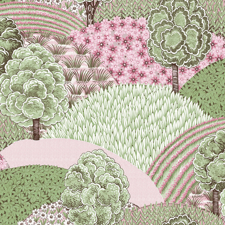 Vliestapete Blooming Garden - Collage Wald und Wiese Maigrün/Beere/Weiß