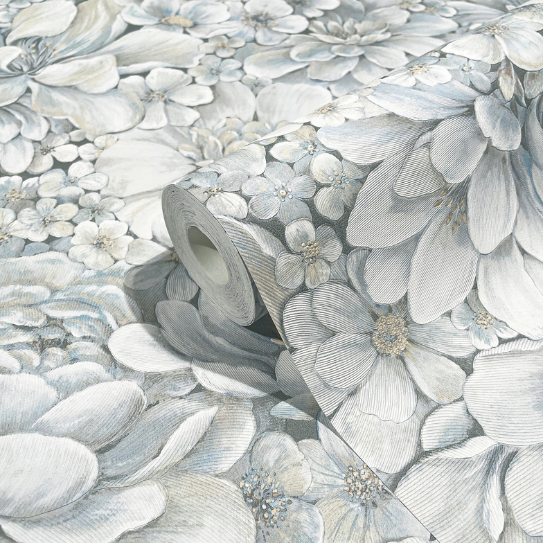 Vliestapete Plants - Blumenmeer Blaugrau/Weiß