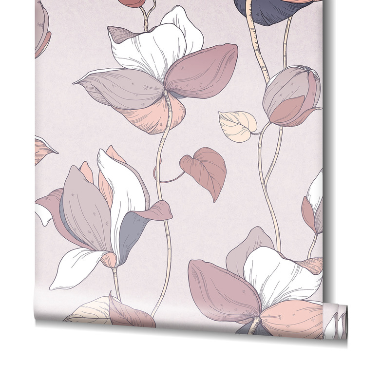 Vliestapete Flower - Magnolie Mauve/Grau