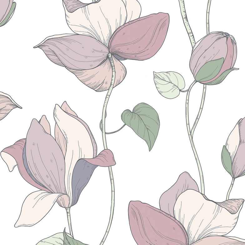 Vliestapete Flower - Magnolie Mauve/Grün/Weiß