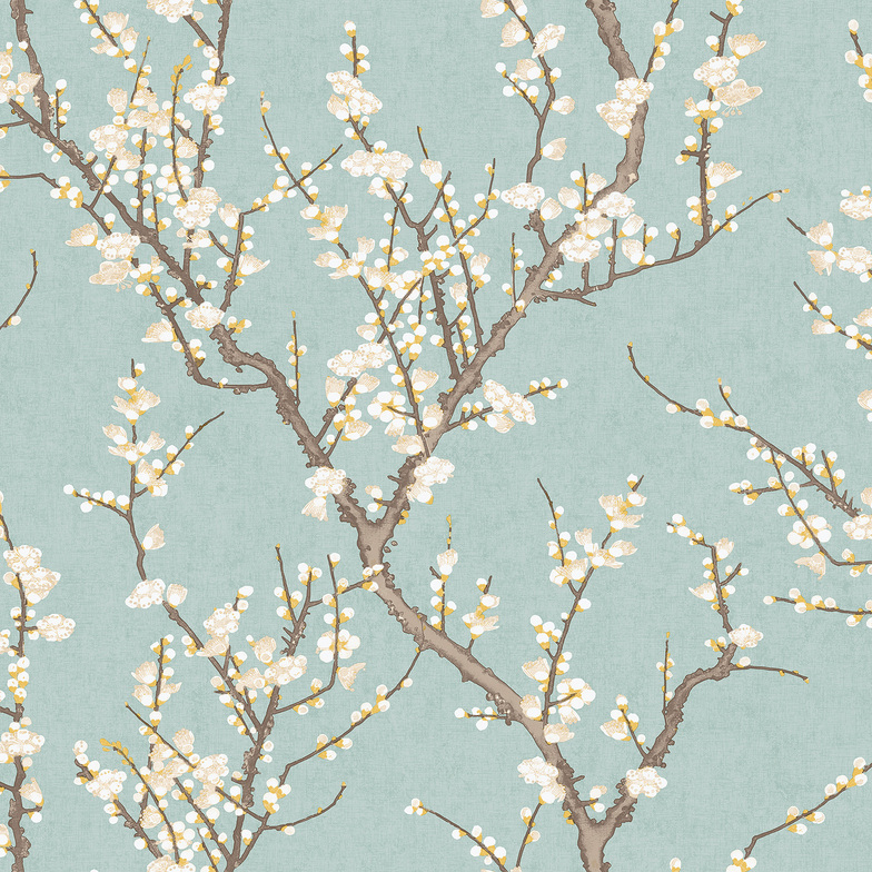 Vliestapete Hana - Sakura Tree Weiß/Gelb/Cyan