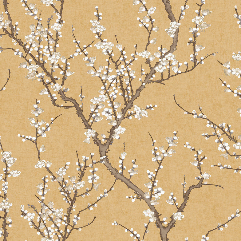Vliestapete Hana - Sakura Tree Weiß/Braun/Senf