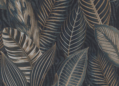 Vliestapete Outback 2 - Exotische Blätter Mitternachtsblau/Gold