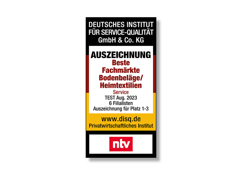 Hammer Auszeichnung des Deutschen Instituts für Service-Qualität (DISQ) und ntv in der Kategorie Bodenbeläge und Heimtextilien